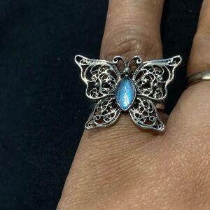 Silver Butterfly Ring with Blue Accent Gem